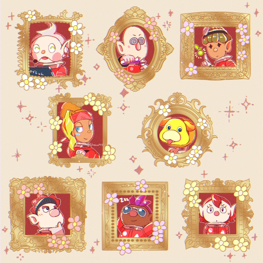 +_+, 2girls, 5boys, :o, @_@, ^_^, animal_collar, arms_behind_head