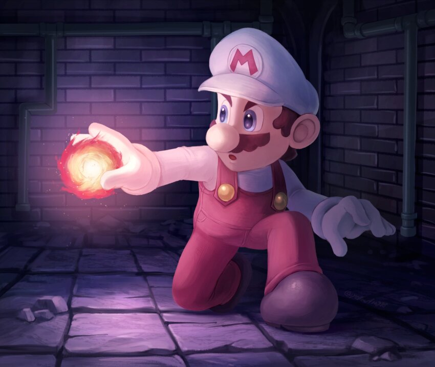 1boy, blue_eyes, brown_footwear, newsboy_cap, facial_hair, fire_mario, gloves, hat, highres, mario, mario_(series), mustache, nintendo, overalls, red_overalls, shirt, shoes, super_mario_bros._1, white_gloves, white_hat, white_shirt, yellowfrog88