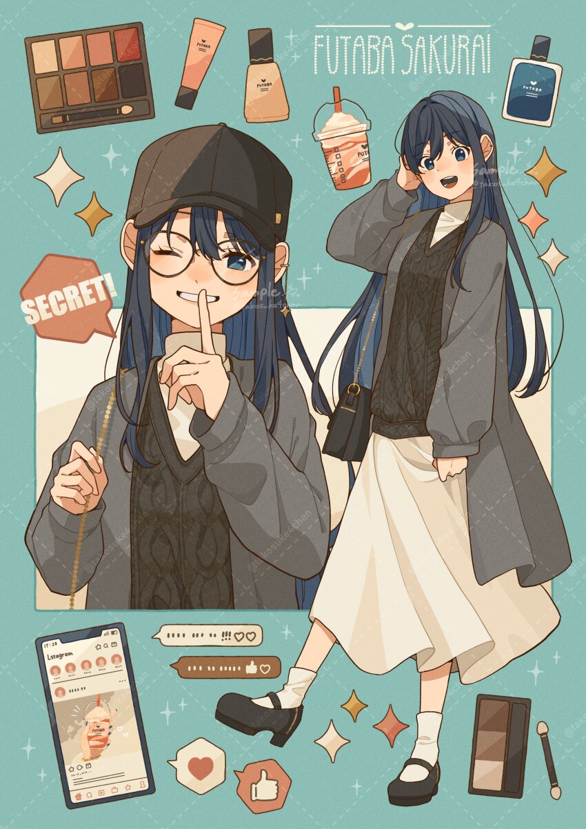 2girls, :d, absurdres, bag, black_footwear, black_hat, black_sweater, blue_eyes