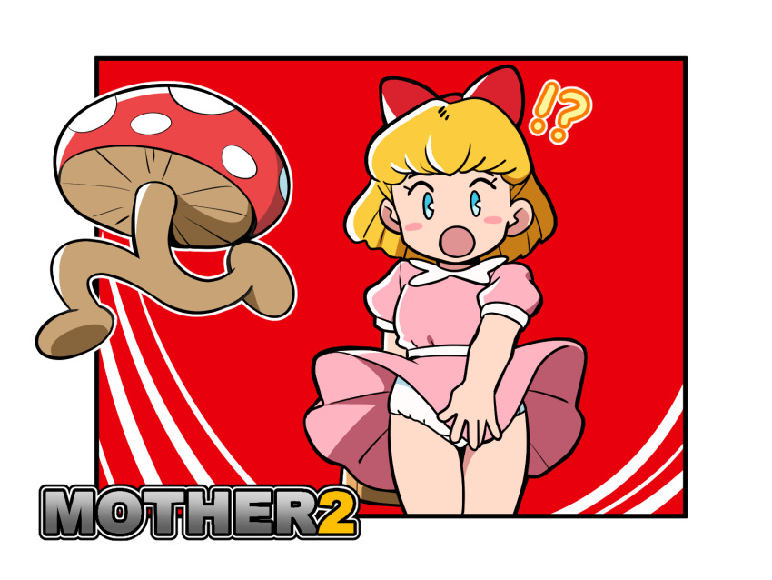 !?, 1girl, bag, blonde_hair, blue_eyes, blush, bow, dress, hair_bow, highres, holding, holding_bag, loli, looking_at_viewer, mother_(series), mother_2, mushroom, nintendo, open_mouth, panties, paula_(mother_2), pink_dress, puffy_sleeves, ramblin'_evil_mushroom, red_background, red_bow, running, short_hair, short_sleeves, standing, surprised, underwear, white_panties, wind, wind_lift, yume_yoroi