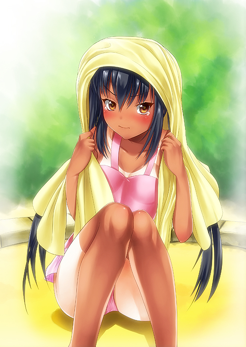black_hair, blush, brown_eyes, casual_one-piece_swimsuit, hair_between_eyes, k-on!, knees_together_feet_apart, long_hair