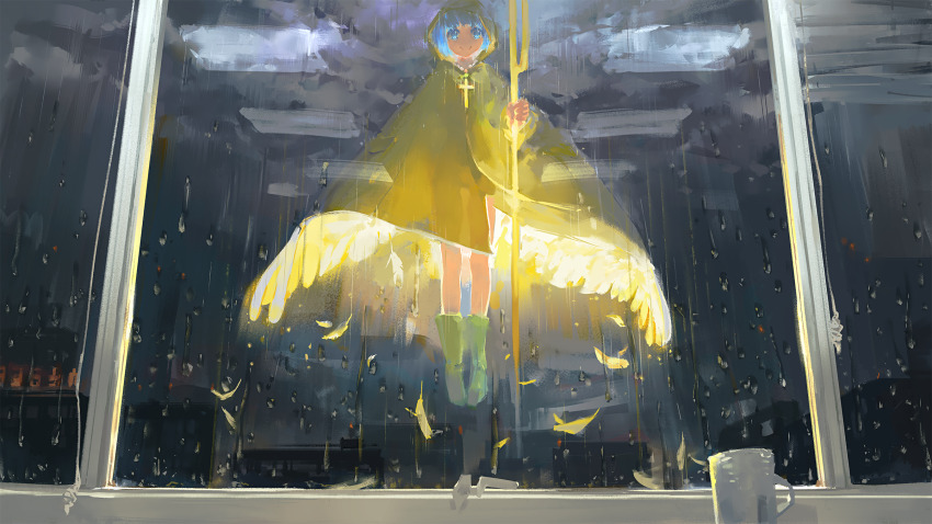1girl, angel, angel_wings, bead_necklace, beads, blue_eyes, blue_hair, boots, building, cane, ceiling_light, closed_mouth, cloud, cloudy_sky, commentary_request, cross, cup, falling_feathers, feathers, floating, green_boots, highres, holding, holding_cane, jewelry, jubilee_2025, latin_cross, long_sleeves, looking_at_viewer, luce_(jubilee_2025), meltymap, necklace, outdoors, rain, reflection, rosary, rubber_boots, short_hair, sky, smile, solo, straight-on, wide_shot, window, window_blinds, wings, yellow_feathers, yellow_wings