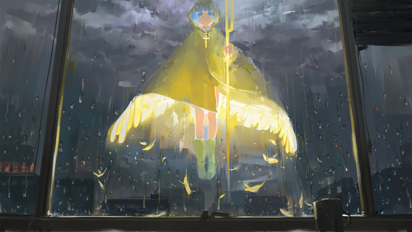 1girl, angel, angel_wings, bead_necklace, beads, blue_eyes, blue_hair, boots, building, cane, closed_mouth, cloud, cloudy_sky, commentary_request, cross, cup, falling_feathers, feathers, floating, green_boots, highres, holding, holding_cane, jewelry, jubilee_2025, latin_cross, long_sleeves, looking_at_viewer, luce_(jubilee_2025), meltymap, necklace, outdoors, rain, rosary, rubber_boots, short_hair, sky, smile, solo, straight-on, wide_shot, window, window_blinds, wings, yellow_feathers, yellow_wings