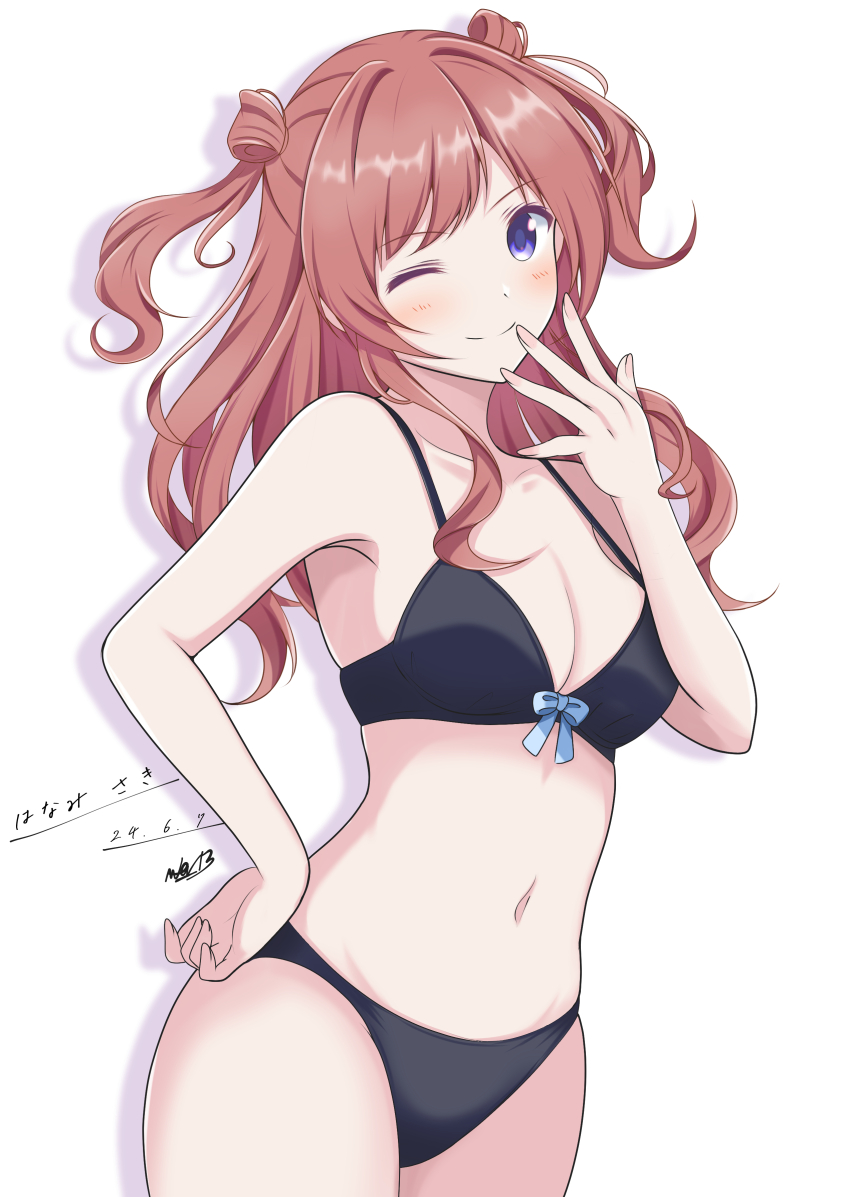 1girl, ;), abataa, absurdres, artist_name, black_bra, black_panties, blue_eyes