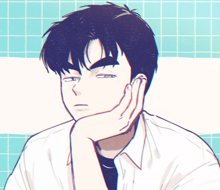 1boy, after_school_lessons_for_unripe_apples, black_hair, head_rest, jisu_seo, looking_at_viewer, male_focus, shirt