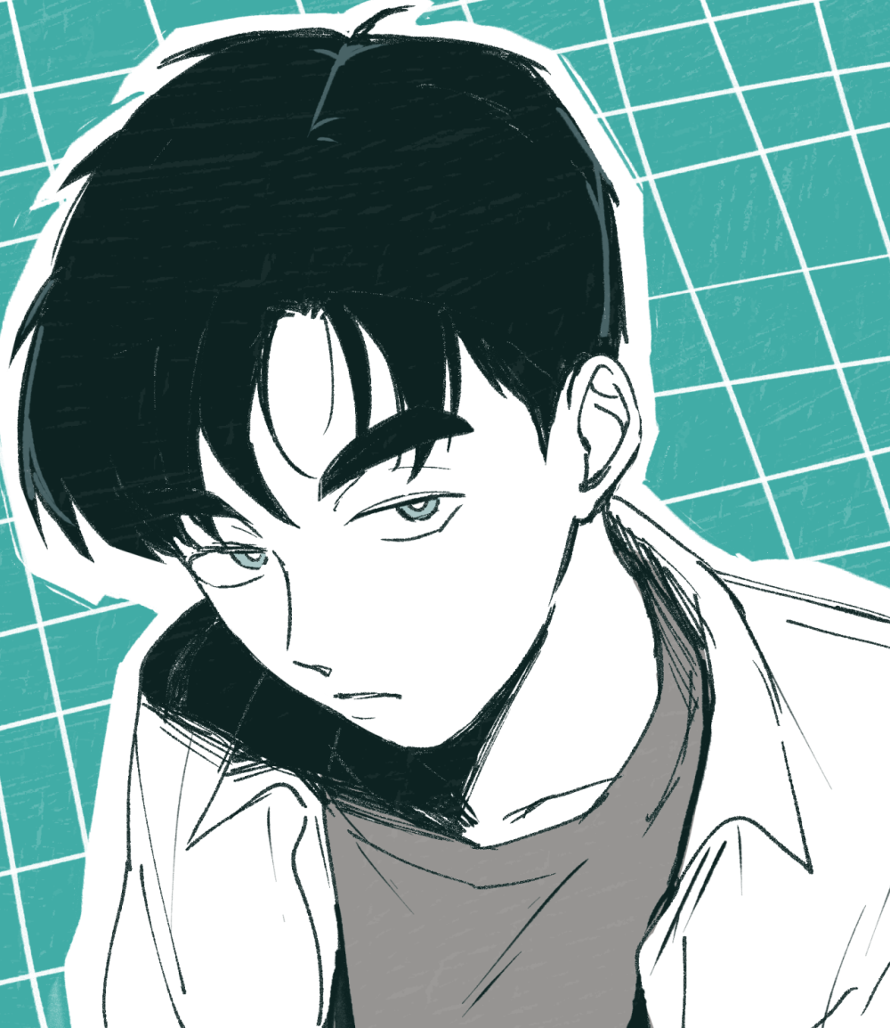 1boy, after_school_lessons_for_unripe_apples, black_hair, green_background, jisu_seo, looking_at_viewer, male_focus, monochrome