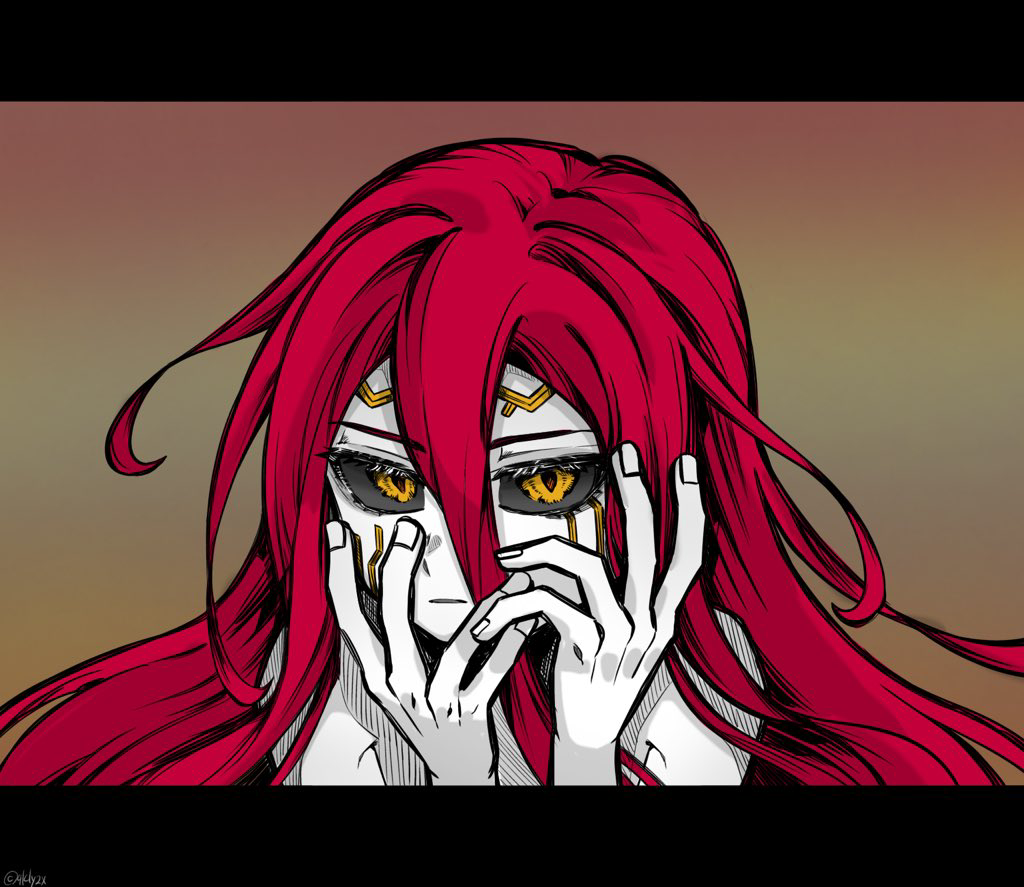 1boy, black_sclera, cheek_tattoo, colored_sclera, facial_tattoo, forehead_tattoo, frown, gold_tattoo