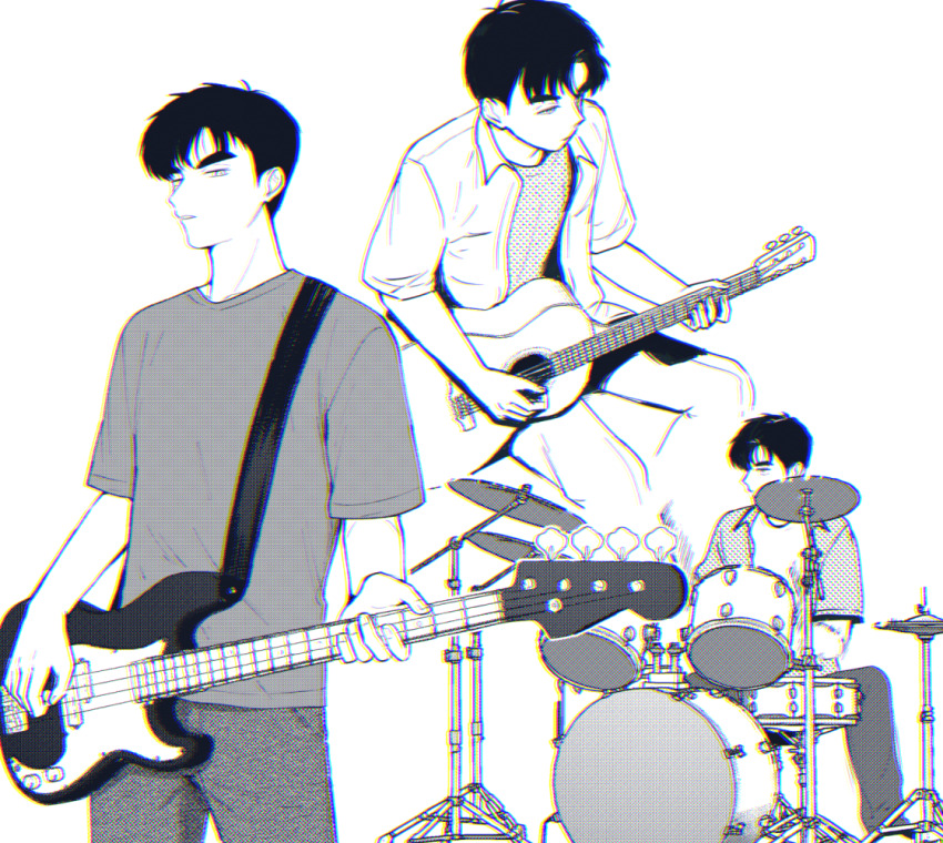 1boy, after_school_lessons_for_unripe_apples, bass_guitar, denim, drum, drum_set, greyscale, guitar