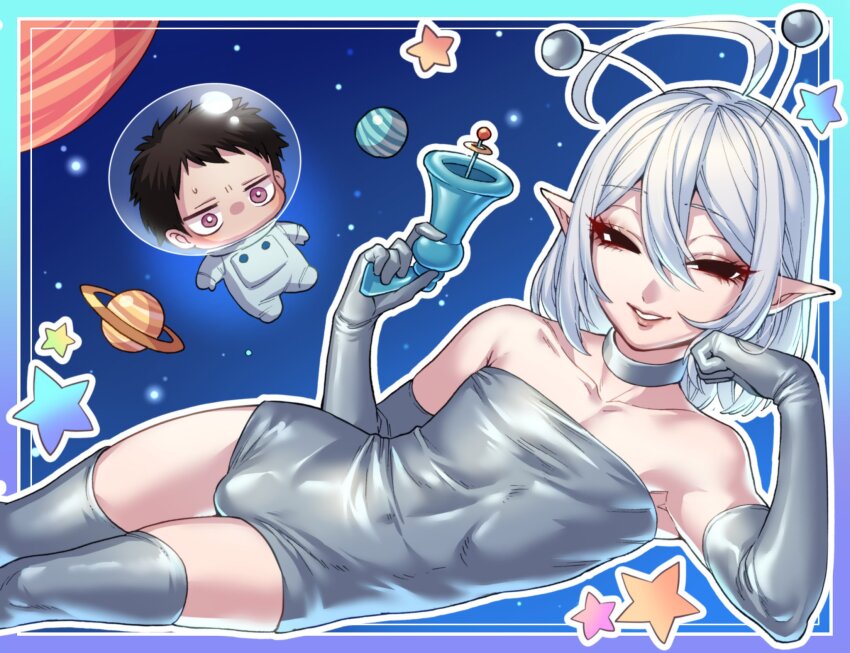 2boys, alien_costume, cowlick, dress, elbow_gloves, gloves, grey_hair, gun, highres, holding, holding_gun, holding_weapon, lying, multiple_boys, ohayousan_084, on_side, original, pointy_ears, raoul_(ohayousan_084), rose_(ohayousan_084), silver_dress, smile, thighhighs, trap, weapon