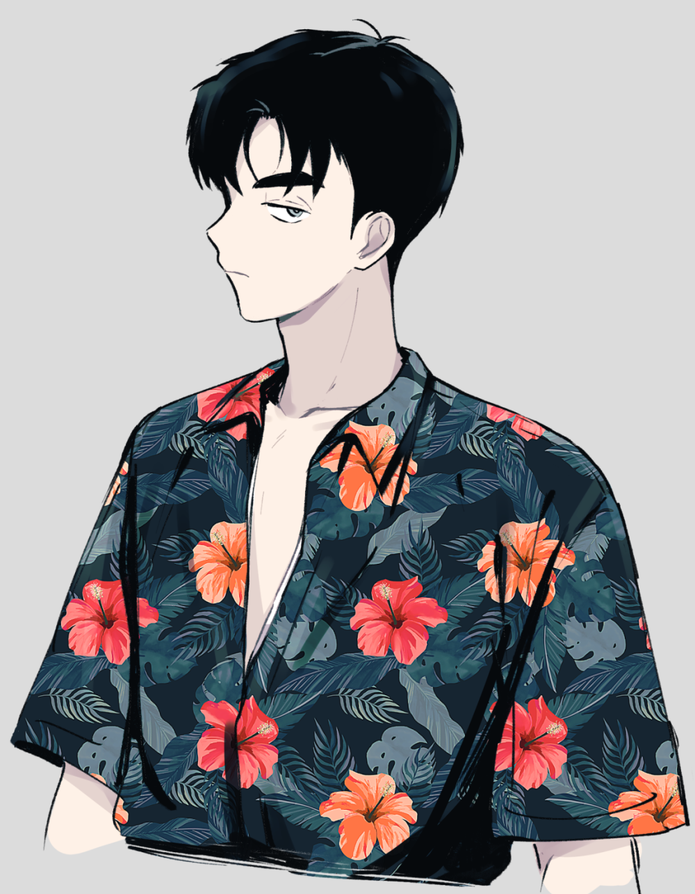 1boy, after_school_lessons_for_unripe_apples, black_hair, floral_print, grey_background, highres, jisu_seo, male_focus