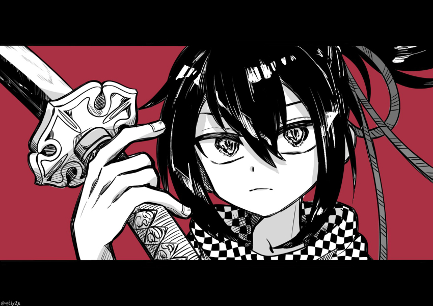 1boy, checker_pattern, closed_mouth, greyscale, hair_between_eyes, highres, hojicha, holding