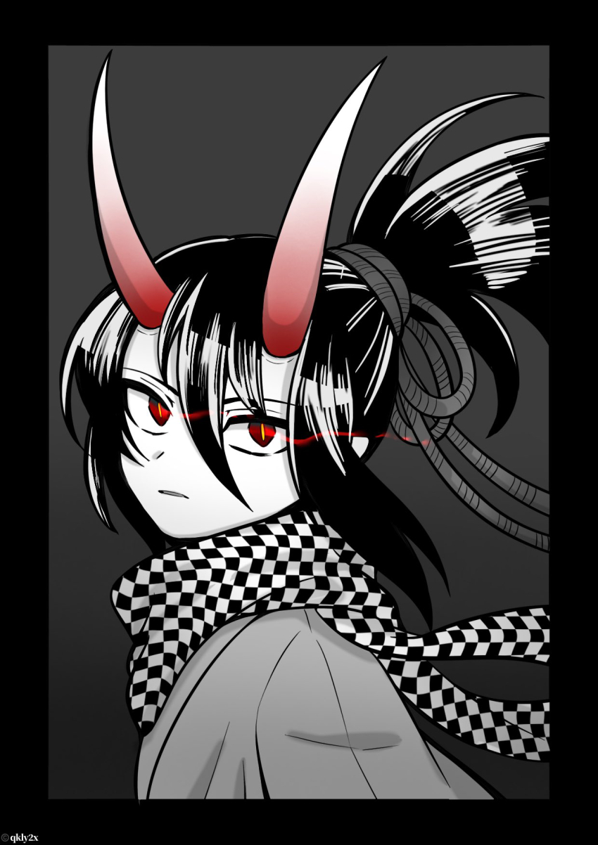 1boy, checker_pattern, greyscale, hair_between_eyes, haori, highres, hojicha, horns, japanese_clothes, looking_at_viewer, looking_to_the_side, male_focus, monochrome, okita_souji_(shuumatsu_no_valkyrie), oni, oni_horn, parted_lips, ponytail, red_background, red_eyes, red_horns, scarf, short_hair, shuumatsu_no_valkyrie, upper_body