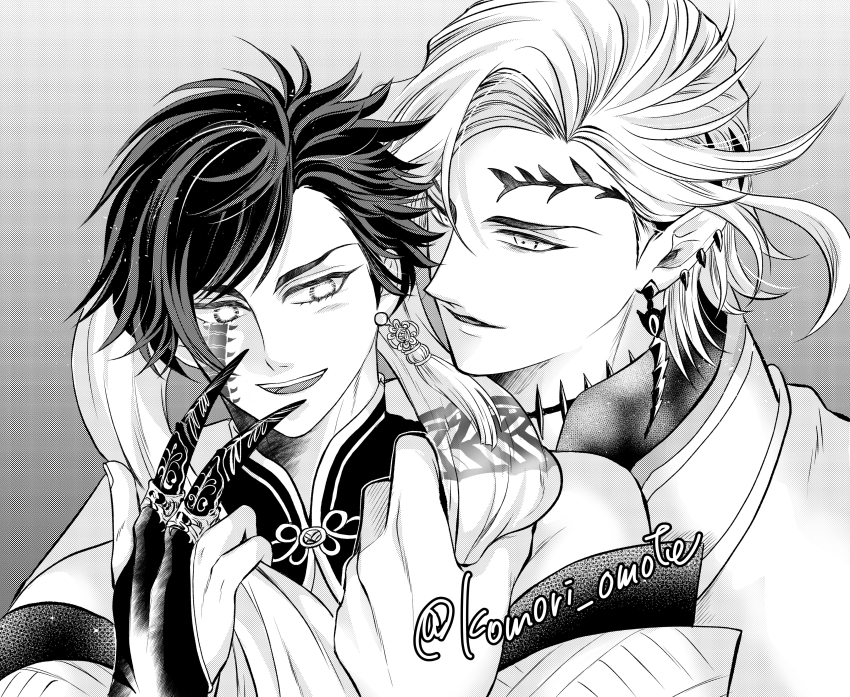 2boys, absurdres, armor, bare_shoulders, blindfold, centipede_tattoo, cheek_tattoo, chinese_clothes