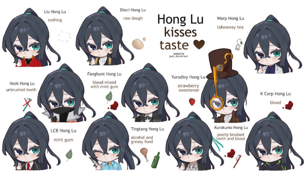 6+boys, aqua_eyes, black_coat, black_eyes, black_hair, blood, brown_hat, closed_mouth, coat, dieci_association_south_uniform, english_text, fanghunt_office_(identity)_(project_moon), hat, heterochromia, hong_lu_(project_moon), hook_office_(identity)_(project_moon), jacket, k_corp._(identity)_(project_moon), kurokumo_clan_(identity)_(project_moon), limbus_company, liu_association_south_uniform, long_hair, looking_at_viewer, mint, monocle, multiple_boys, multiple_persona, one_eye_closed, past_desiderium, project_moon, simple_background, smile, teabag, tingtang_gang_(identity)_(project_moon), top_hat, very_long_hair, w_corp._(identity)_(project_moon), white_background, white_jacket, yurodiviye_(identity)_(project_moon)