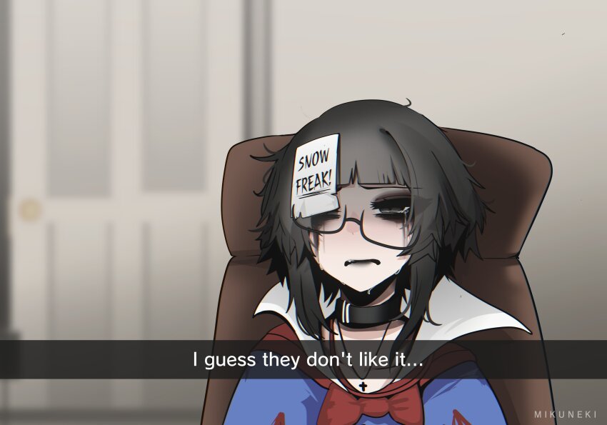 1girl, ^_^, absurdres, black-framed_eyewear, black_choker, black_hair, blue_shirt, blurry