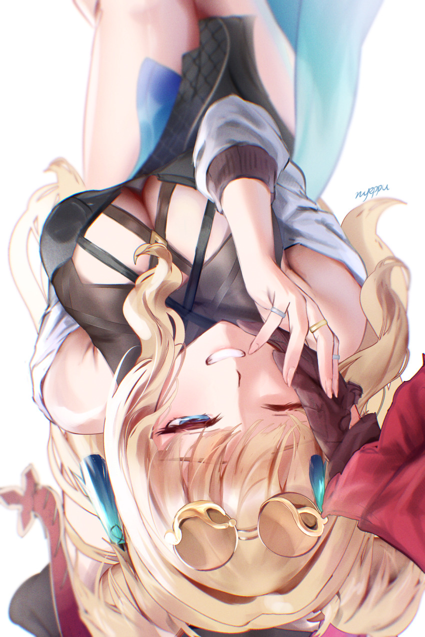 2girls, aqua_tassel, bare_shoulders, black_gloves, blonde_hair, blue_eyes, bodycon, breasts, cleavage, cleavage_cutout, clothing_cutout, commentary_request, eyewear_on_head, feet_out_of_frame, from_above, glasses, gloves, gold_ring, hair_ornament, half-closed_eye, hand_on_another's_face, hand_on_another's_hand, hand_up, highres, honkai_(series), honkai_impact_3rd, jacket, jewelry, large_breasts, light_blush, long_hair, looking_at_viewer, multiple_girls, nyeppu, one_eye_closed, pince-nez, pov, pov_hands, red_sleeves, ring, round_eyewear, signature, silver_ring, smile, solo_focus, songque, songque_(astralop), sunglasses, tassel, tassel_hair_ornament, teeth, thelema_nutriscu, thelema_nutriscu_(mad_pleasure:_shadowbringer), upside-down, very_long_hair, wavy_hair, white_background, white_jacket, yuri