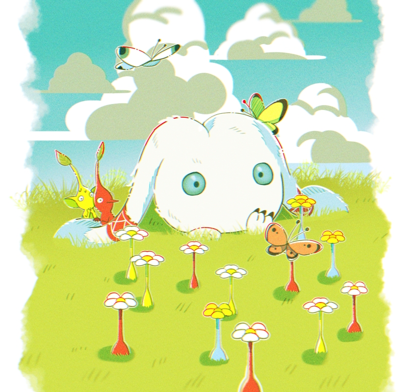 black_eyes, blue_sclera, blue_sky, bug, buried, butterfly, cloud, colored_sclera, colored_skin, commentary_request, day, flower, fukkatsu_no_maya, grass, hands_on_own_chin, highres, ice_pikmin, insect, leaf, looking_at_another, mamuta, nintendo, no_humans, no_mouth, orange_butterfly, outdoors, pikmin_(creature), pikmin_(series), pillarboxed, pointy_ears, red_pikmin, red_skin, red_spectralid, scared, shadow, sitting, sky, white_butterfly, white_flower, white_spectralid, wide-eyed, yellow_butterfly, yellow_flower, yellow_pikmin, yellow_skin, yellow_spectralid