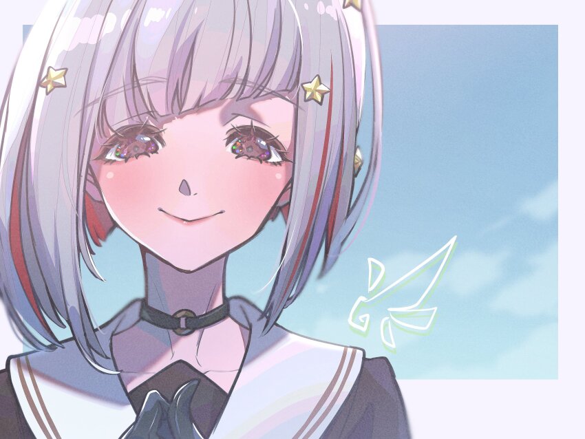 1girl, absurdres, black_choker, black_gloves, blue_sky, bob_cut, border, brown_dress