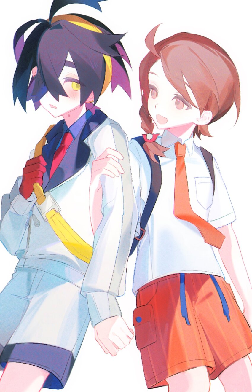 1boy, 1girl, black_hair, blue_shirt, blush, brown_eyes, brown_hair, collared_shirt, crossed_bangs, hair_between_eyes, hair_ornament, hair_over_one_eye, hairband, hat, highres, jacket, juliana_(pokemon), kieran_(pokemon), locked_arms, long_sleeves, mole, mole_on_neck, multicolored_hair, naranja_academy_school_uniform, necktie, nintendo, open_mouth, parted_lips, pokemon, pokemon_scarlet_and_violet, purple_hair, red_necktie, red_shorts, school_uniform, shirt, short_sleeves, shorts, simple_background, white_background, white_shirt, yellow_eyes, yellow_hairband, yuiihcoma