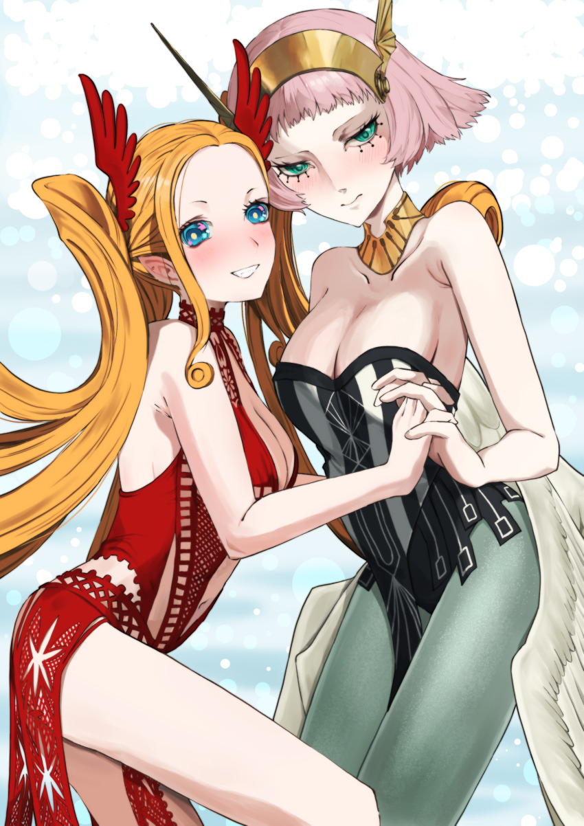 2girls, absurdres, alternate_costume, aqua_eyes, bare_shoulders, black_leotard, blue_background, blush, breasts, donten_(841427259), dress, green_eyes, green_pantyhose, grin, hairband, highres, holding_hands, interlocked_fingers, junah_(metaphor:_refantazio), leotard, long_hair, looking_at_viewer, medium_breasts, metaphor:_refantazio, multiple_girls, navel, official_alternate_costume, official_alternate_hairstyle, orange_hair, pantyhose, pink_hair, red_dress, rella_(metaphor:_refantazio), short_bangs, short_hair, siblings, sideboob, sisters, sleeveless, sleeveless_dress, smile, step-siblings, strapless, strapless_leotard, twintails