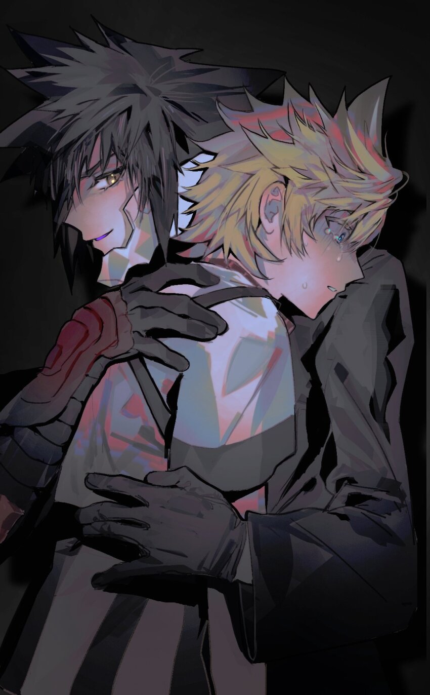 2boys, black_hair, blonde_hair, blue_eyes, crying, crying_with_eyes_open, dark, despair