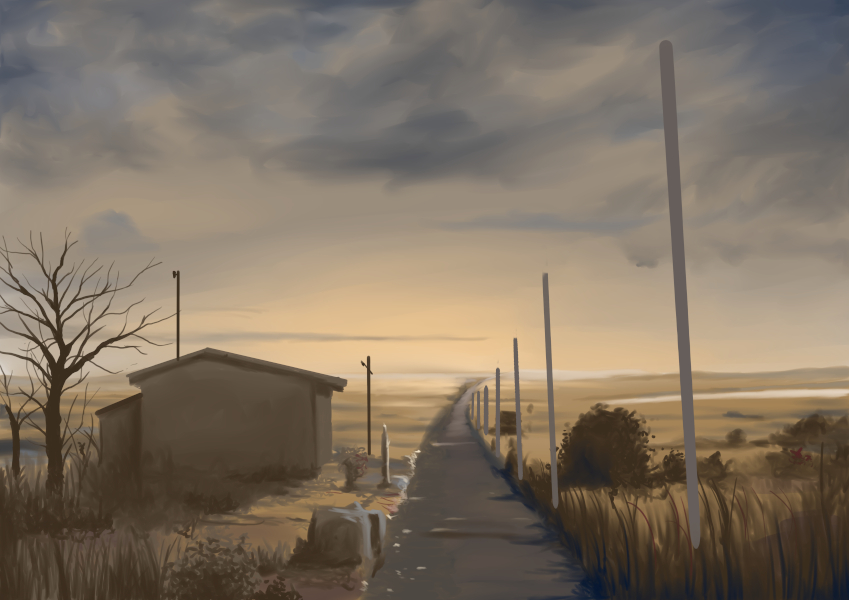 bare_tree, building, cloud, grass, house, no_humans, original, outdoors