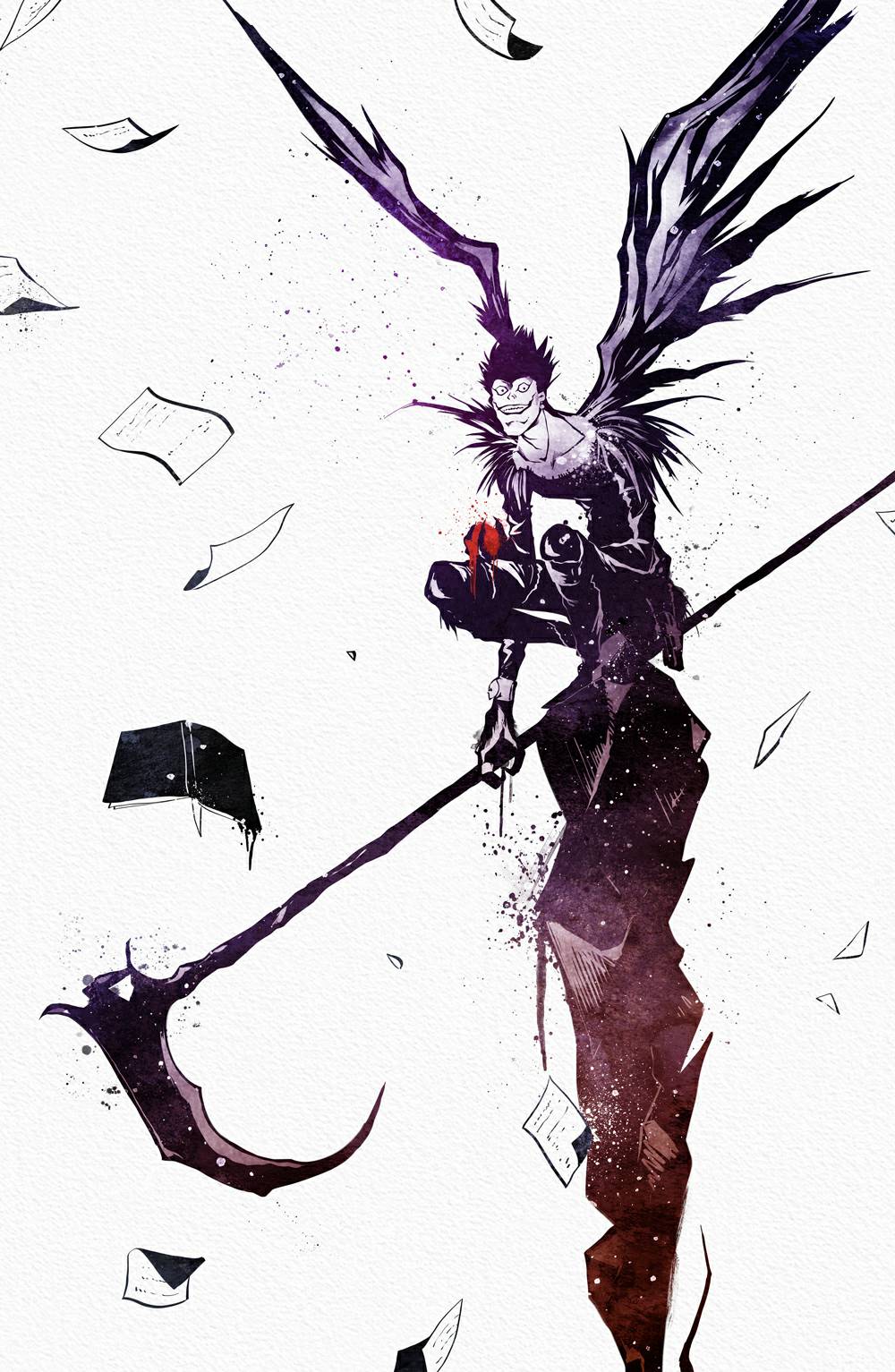 1boy, apple, black_hair, commentary, death_note, death_note_(object), english_commentary, falling_books