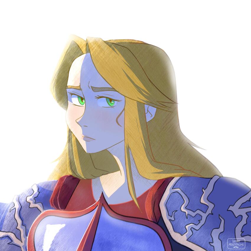 1girl, armor, artist_logo, blonde_hair, expressionless, gaol, green_eyes, highres