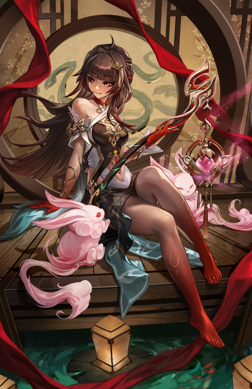 1girl, ahoge, architecture, bare_shoulders, barefoot, breasts, brown_hair, chinese_clothes, clothing_cutout, colored_extremities, commentary, criss-cross_halter, detached_sleeves, diamond-shaped_pupils, diamond_(shape), east_asian_architecture, english_commentary, foot_dangle, fuyuan_(honkai:_star_rail), hair_ornament, halterneck, highres, holding_incense_burner, honkai:_star_rail, honkai_(series), imdrunkontea, incense_burner, lantern, lantern_on_liquid, large_breasts, lingsha_(honkai:_star_rail), long_hair, looking_to_the_side, orange_eyes, paper_lantern, parted_lips, rabbit, red_feet, red_hands, sitting, smile, solo, stomach_cutout, symbol-shaped_pupils, toes, water