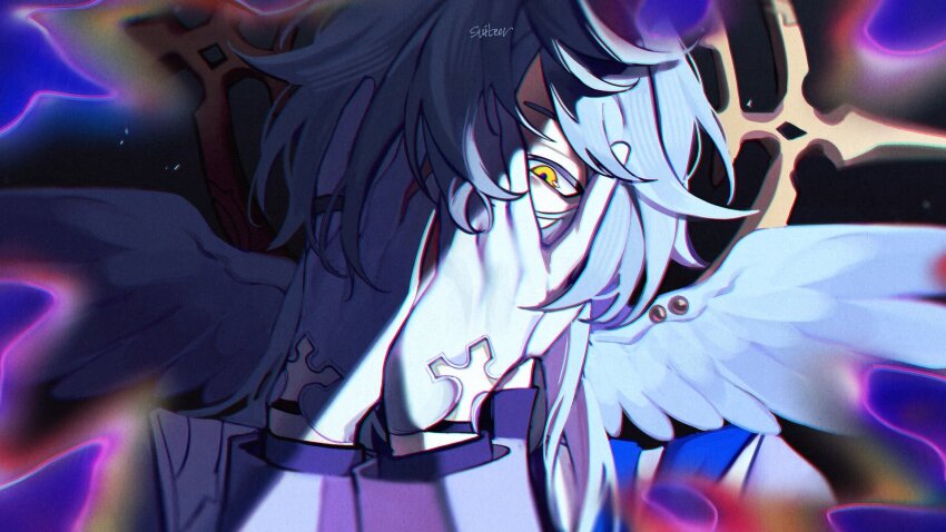 1boy, black_background, commentary, covering_face, glaring, gloves, grey_hair, halo