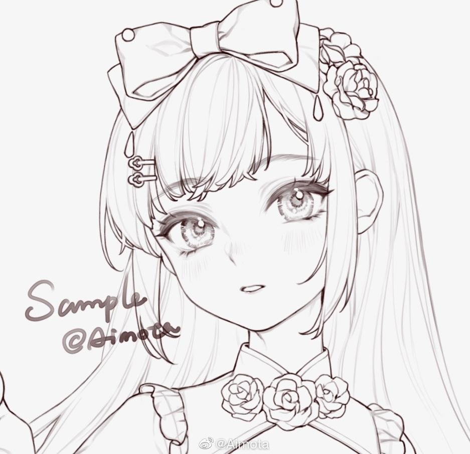 aimota, arm_up, artist_name, bow, chinese_commentary, cleavage_cutout, clothing_cutout, collar