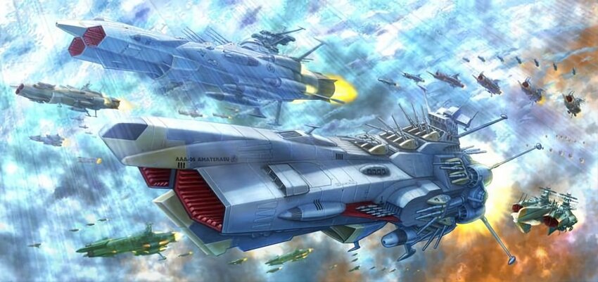 artist_request, battleship, character_name, commentary_request, comparison, concept_art, energy_cannon, final_yamato