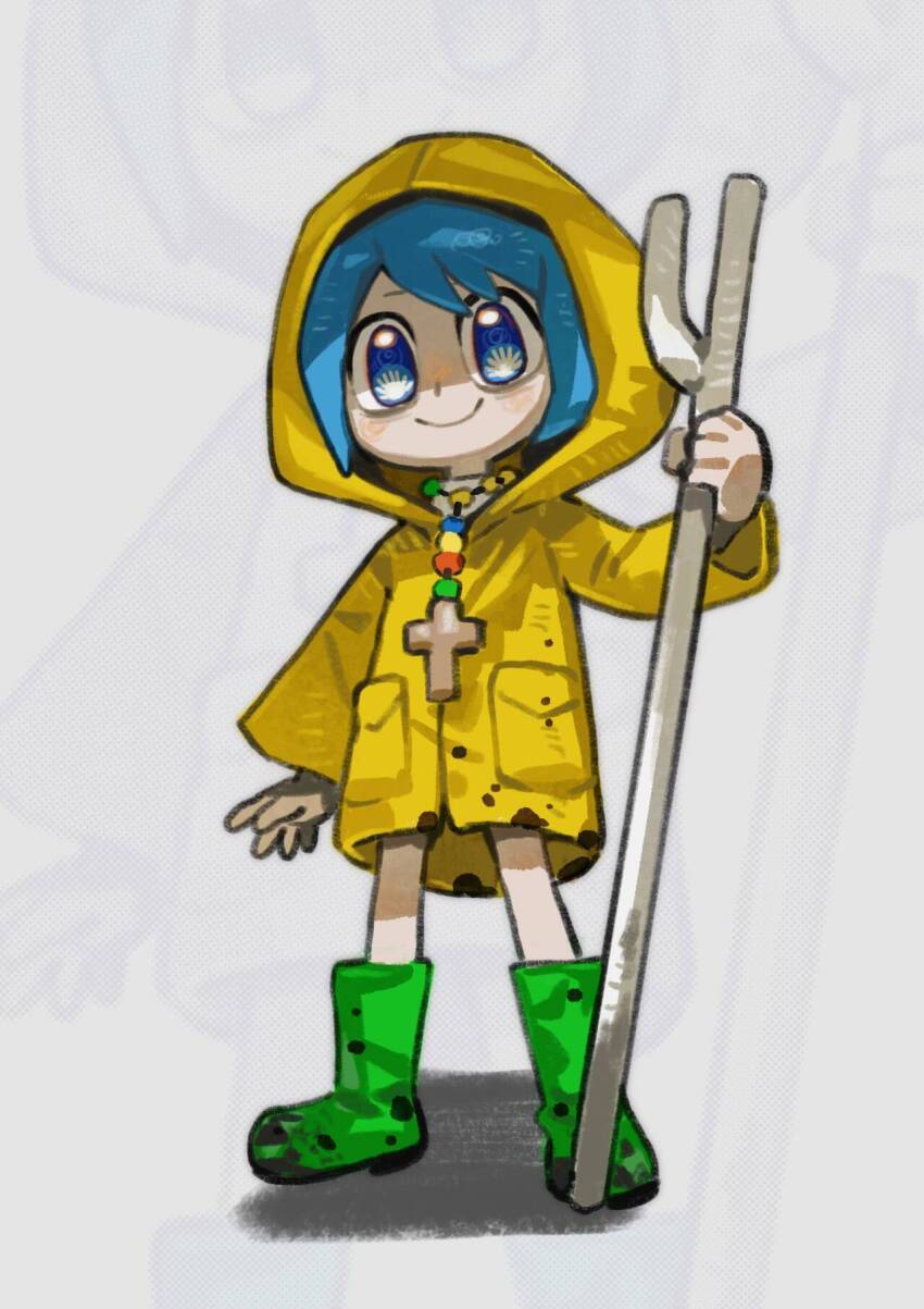 1girl, bead_necklace, beads, blue_eyes, blue_hair, blush, boots, cane, chinese_commentary, cross, cross_necklace, dirty_footwear, duantouhongmo, full_body, green_boots, highres, holding, holding_cane, hood, hood_up, jewelry, jubilee_2025, latin_cross, long_sleeves, looking_at_viewer, luce_(jubilee_2025), necklace, raincoat, rubber_boots, shaded_face, shadow, short_hair, smile, solo, yellow_raincoat, zoom_layer
