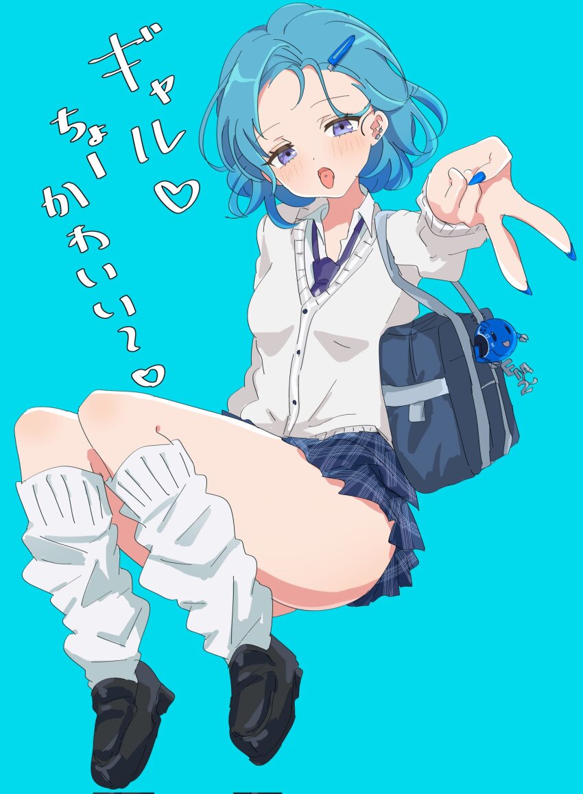 1girl, bag, black_shoes, blue_background, blue_eyes, blue_hair, blue_nails, blue_necktie