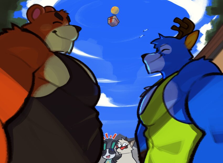 1girl, 3boys, animal_crossing, animal_ears, antlers, balloon, bam_(animal_crossing), bear_boy