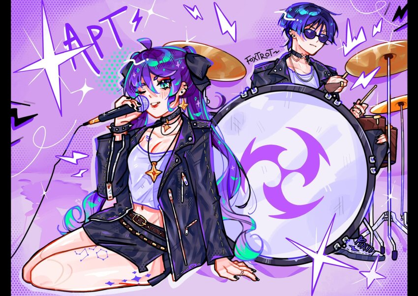 1boy, 1girl, ahoge, apt._(rose_&amp;_bruno_mars), aqua_hair, arm_at_side, arm_support, artist_name