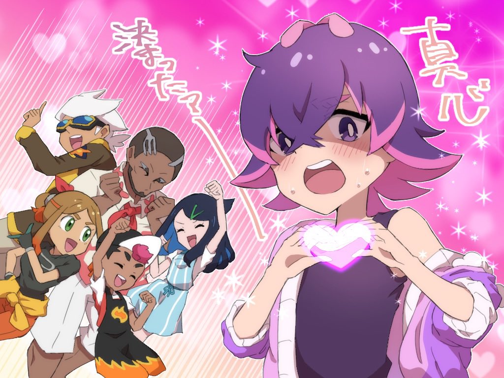 3boys, 3girls, apron, blue_hair, blush, bright_pupils, brown_hair, dark-skinned_female