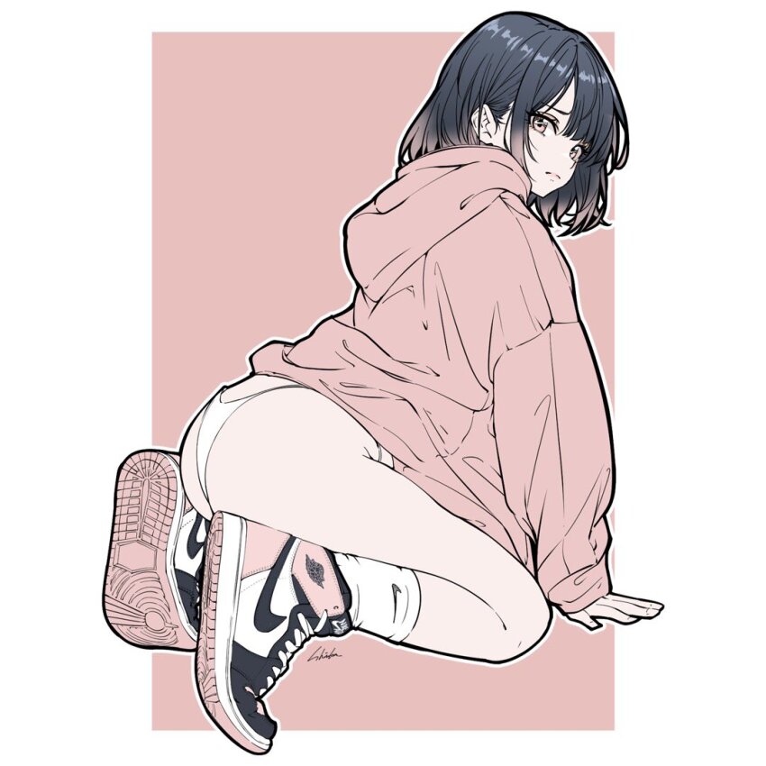 1girl, air_jordan, air_jordan_1, ass, bambi_surprise, black_hair, frown, hair_behind_ear