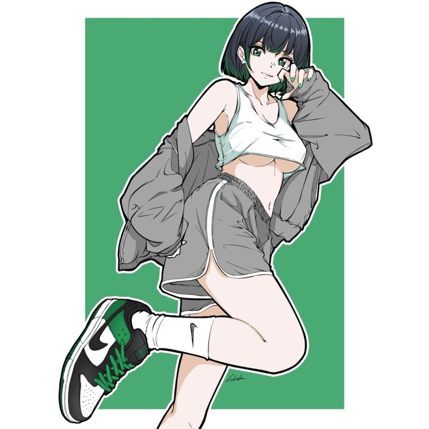 1girl, arm_up, bambi_surprise, black_hair, breasts, covered_erect_nipples, crop_top, earrings