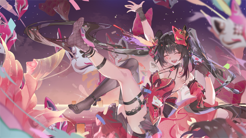 1girl, :d, absurdres, arm_up, bare_shoulders, black_gloves, black_hair, black_socks