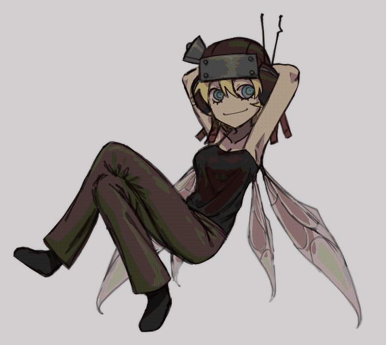 1girl, arms_behind_head, black_footwear, black_shirt, blonde_hair, blue_eyes, breasts, brown_pants, c'venash_vishneri, cleavage, closed_mouth, collarbone, crossed_legs, dsrfrpprvl, grey_background, hair_between_eyes, hashtag-only_commentary, helmet, looking_to_the_side, medium_breasts, pants, psychopomp_(game), radio_antenna, shirt, short_hair, simple_background, sleeveless, sleeveless_shirt, smile, solo, wings