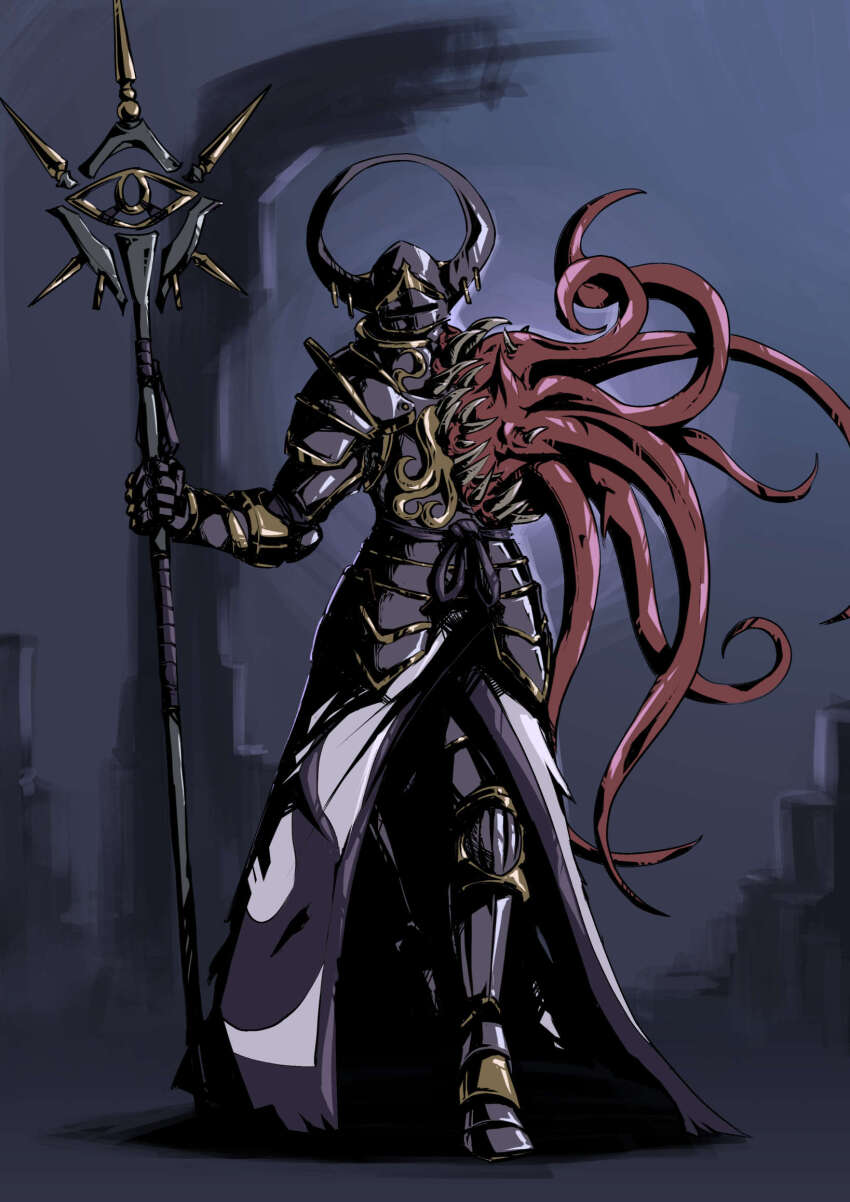 armor, breastplate, chaos_(warhammer), couter, feaurievladskov, full_armor, gauntlets, helmet, highres, hololive, hololive_english, knight, monster, ninomae_ina'nis, pauldrons, plate_armor, shoulder_armor, staff, takodachi_(ninomae_ina'nis), teeth, tentacles, virtual_youtuber, warhammer_40k, warhammer_fantasy, warrior_of_chaos