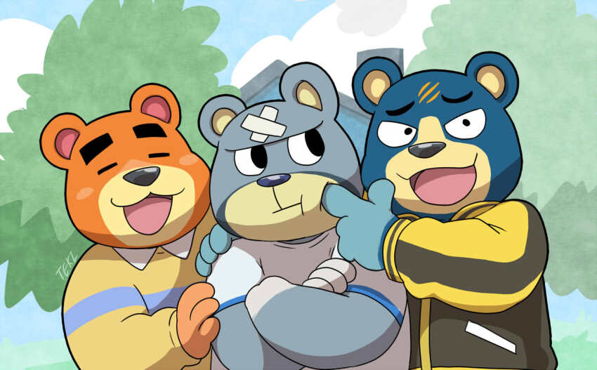3boys, animal_crossing, animal_ears, annoyed, artist_name, bandaid, bandaid_on_face, bandaid_on_forehead, bear_boy, bear_ears, black_jacket, blue_fur, brown_fur, closed_mouth, cloud, cloudy_sky, commentary, crossed_arms, curt_(animal_crossing), english_commentary, fat, fat_man, furrowed_brow, furry, furry_male, grey_fur, groucho_(animal_crossing), hand_on_another's_cheek, hand_on_another's_face, hand_on_another's_shoulder, happy, jacket, looking_at_another, looking_at_viewer, male_focus, multiple_boys, nintendo, open_mouth, puffy_cheeks, scar, scar_on_face, scar_on_forehead, shirt, sky, smile, teasing, teddy_(animal_crossing), tekitekimarsh, thick_eyebrows, tree, white_shirt, yellow_shirt