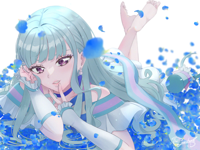1girl, alternate_hairstyle, aqua_hair, aqua_hairband, aqua_hat, barefoot, blue_choker, blush