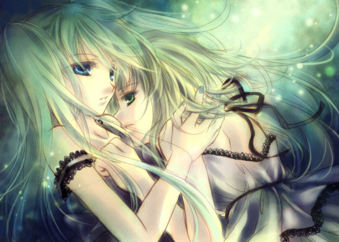 2girls, aqua_hair, backlighting, bare_shoulders, blue_eyes, blue_nails, collarbone, dress