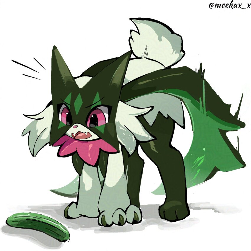 1other, all_fours, cape, cats_are_scared_of_cucumbers, cucumber, fangs, furry, green_fur