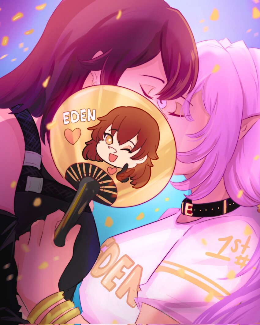 2girls, black_choker, bracelet, breasts, brown_hair, character_name, choker, closed_eyes