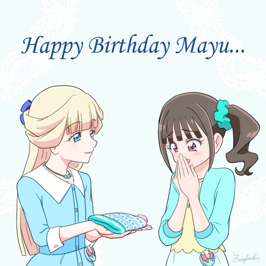 2girls, aqua_jacket, aqua_scrunchie, beanie, blonde_hair, blue_dress, blue_eyes, blue_ribbon