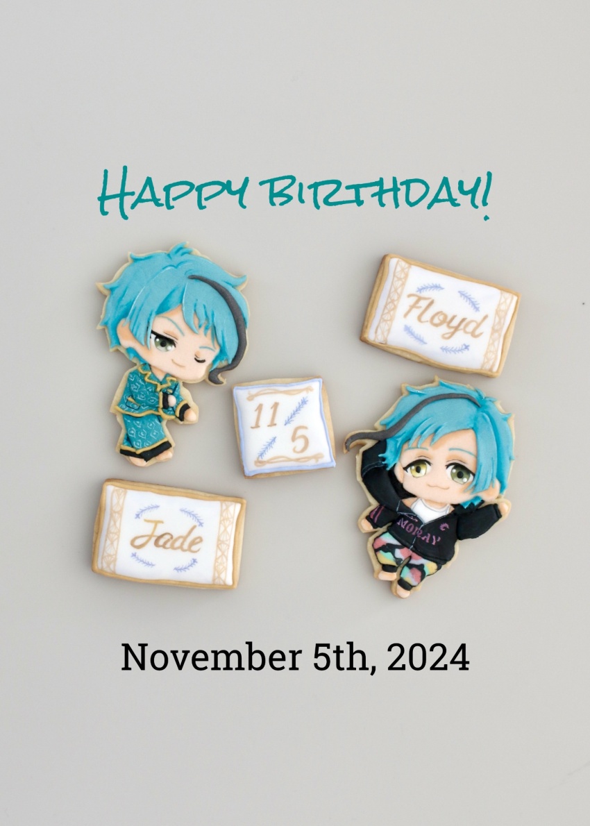 2boys, :3, black_jacket, blue_hair, blue_pajamas, brothers, chibi, commentary_request, cookie, dated, english_text, floyd_leech, floyd_leech_(cozy_loungewear), food, food_art_(medium), full_body, green_eyes, grey_background, happy_birthday, heterochromia, highres, icingcookies_m, jacket, jade_leech, jade_leech_(cozy_loungewear), male_focus, multiple_boys, one_eye_closed, pajamas, pillow, short_hair, siblings, simple_background, twins, twisted_wonderland, unconventional_media, yellow_eyes