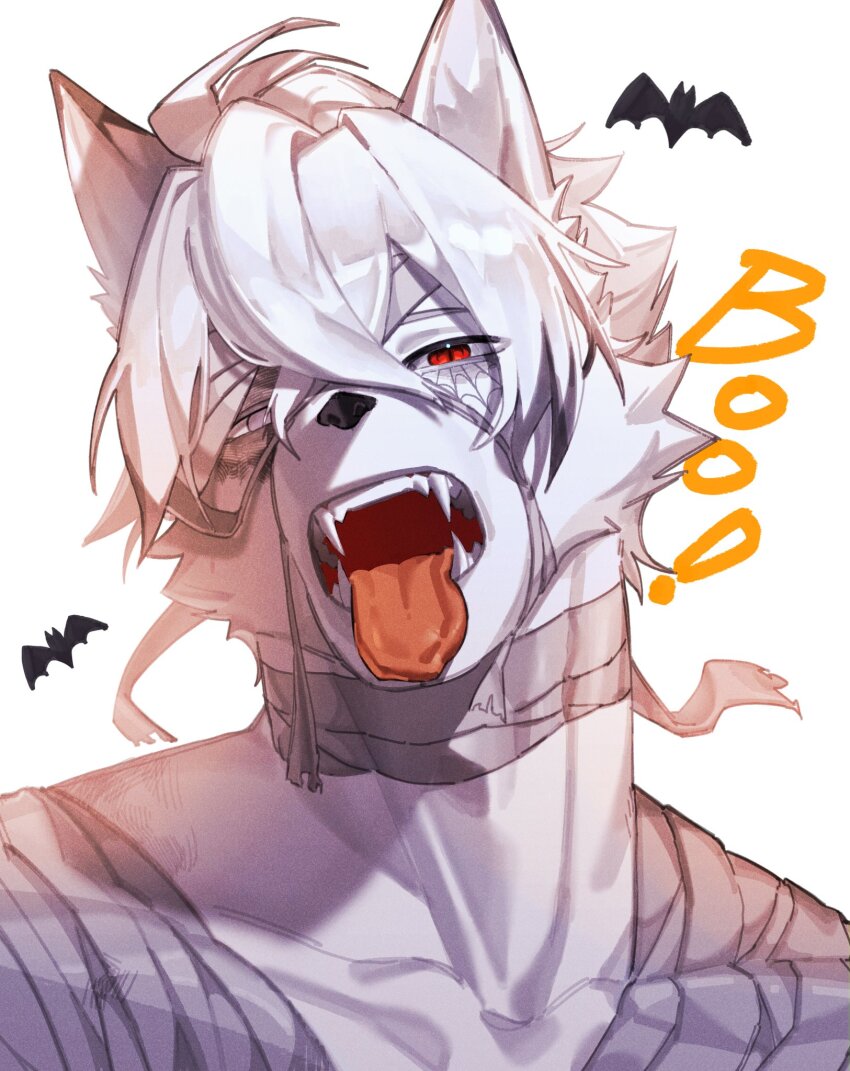 1boy, animal_ears, bat_(animal), colored_tips, commentary, english_commentary, fangs, furry, furry_male, half-closed_eyes, hashtag-only_commentary, heterochromia, highres, male_focus, multicolored_hair, mummy_costume, muscular, muscular_male, open_mouth, pluto_(pu94_d1de4c), red_eyes, tongue, tongue_out, upper_body, von_lycaon, white_background, white_eyes, wolf_boy, wolf_ears, zenless_zone_zero